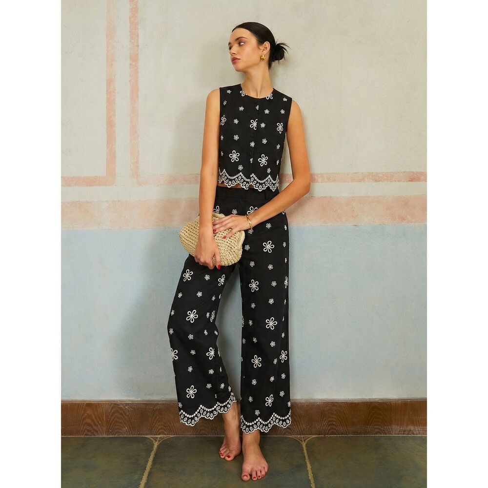 NWT Commense Black & White Embroidered Floral Cotton Top & Pants Set XS
